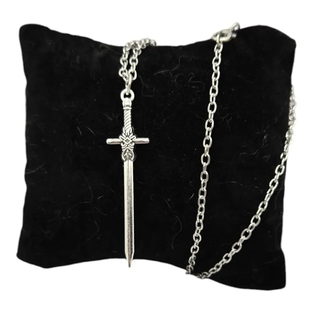 Gothic Sword Cross Pendant Necklace Medieval Dagger Silver Chain 18